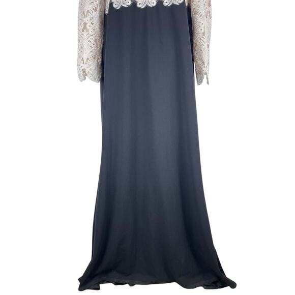 Tadashi Shoji Embroidered Lace Long Evening Gown Black Ivory Size 18 - Picture 7 of 12